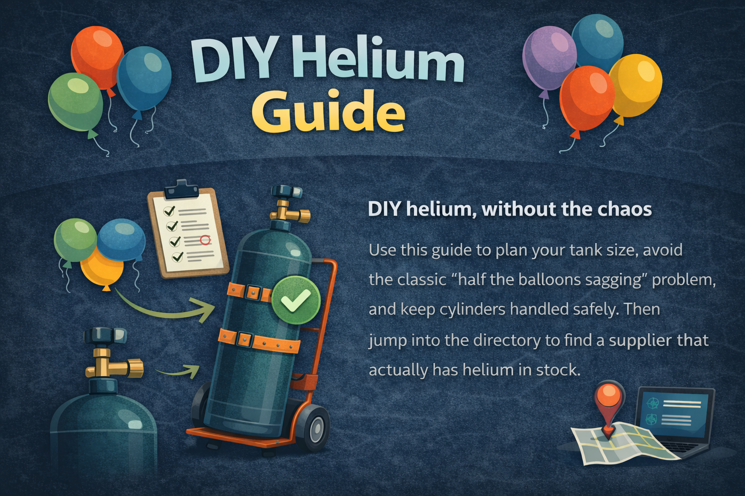 Illustration of a person inflating balloons from a helium tank with safety gear nearby.
