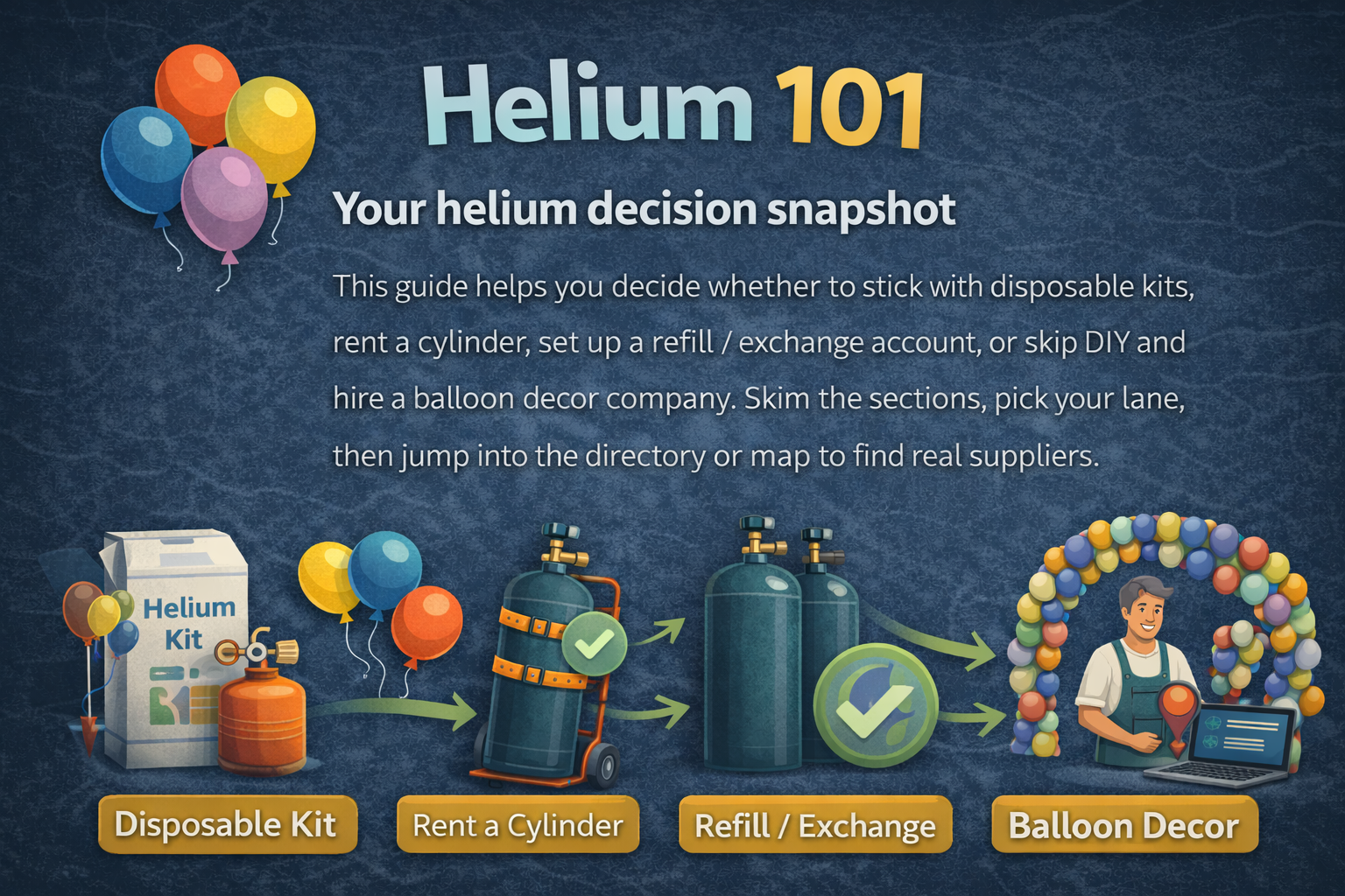 Simple overview illustration of different helium options: party kit, rental tank, refill program, and balloon decor.
