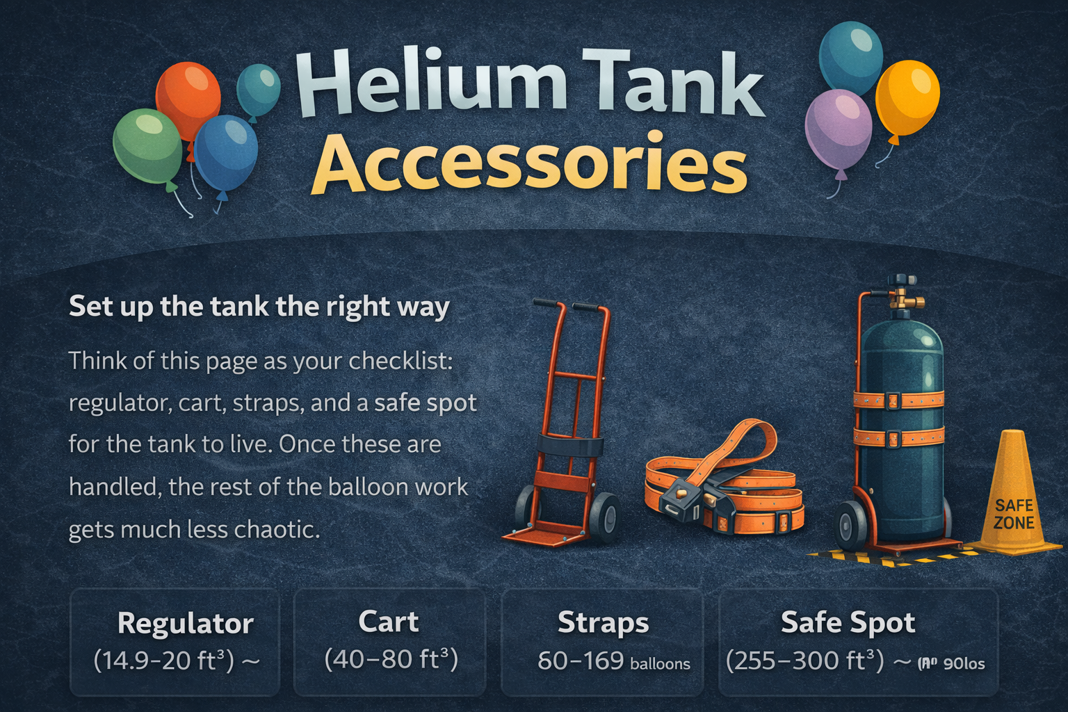 Helium tank with regulator, cart, and safety straps illustrated together.