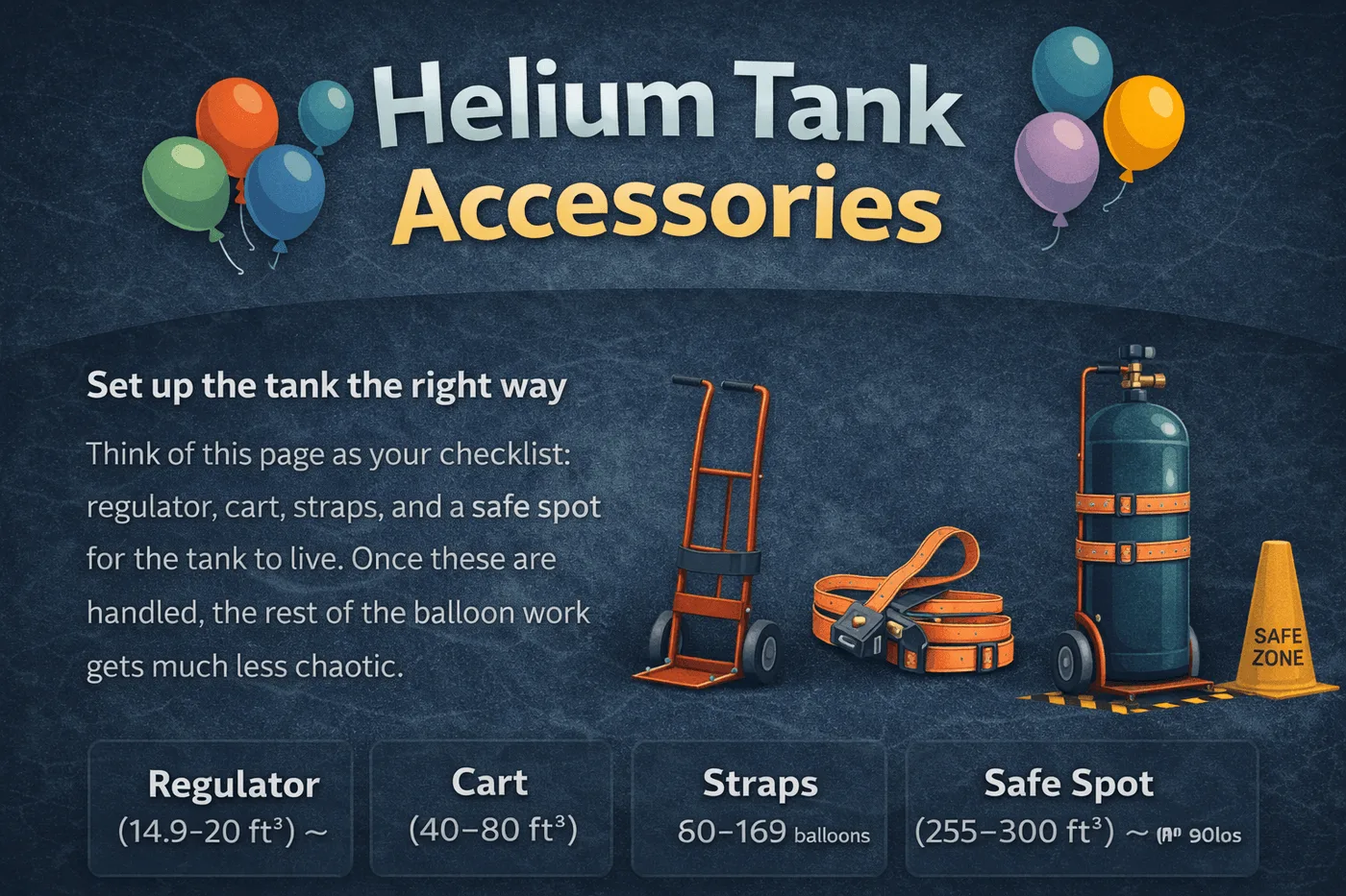Helium tank with regulator, cart, and safety straps illustrated together.