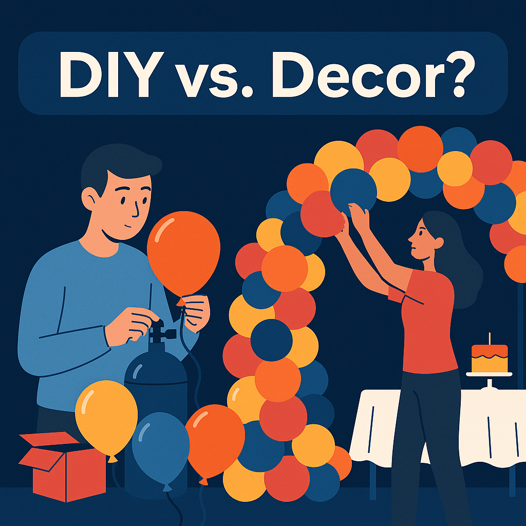 DIY helium tank and balloons on one side, pro balloon decor on the other, with the question DIY vs Decor?