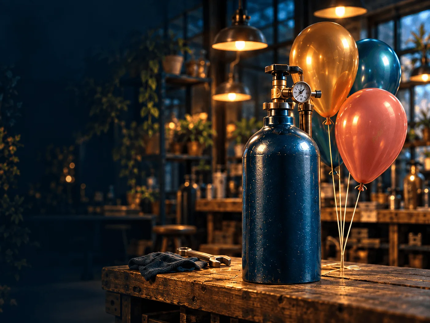 Refillable helium cylinder with balloons in a local supplier workshop.
