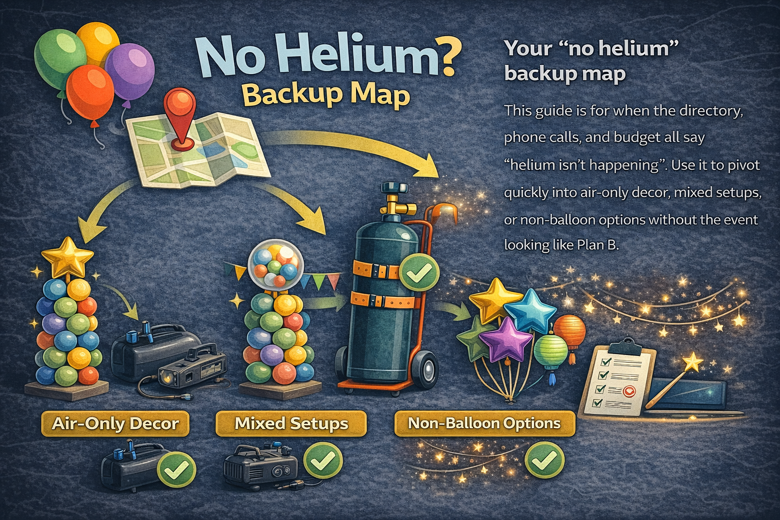 Illustration showing alternative decor options when helium is unavailable, like air-filled garlands, lights, and backdrops.